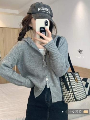 Gray zipper hooded knitted cardigan autumn and winter women's unique top super nice design niche sweater jacket