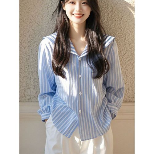 French blue striped navy collar high-end long-sleeved shirt light luxury high-end temperament small top women's early autumn new style