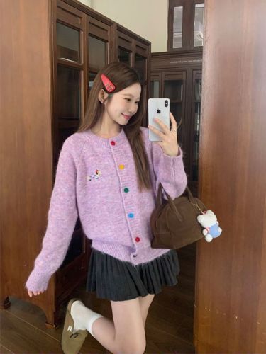 Playful girl Korean chic early autumn simple dachshund multi-color sweater cardigan