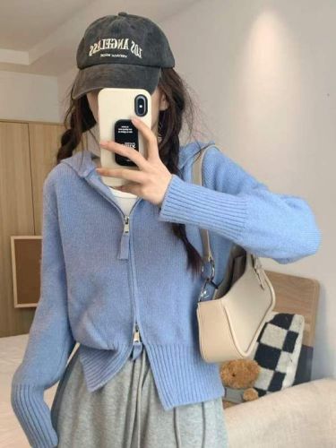 Gray zipper hooded knitted cardigan autumn and winter women's unique top super nice design niche sweater jacket