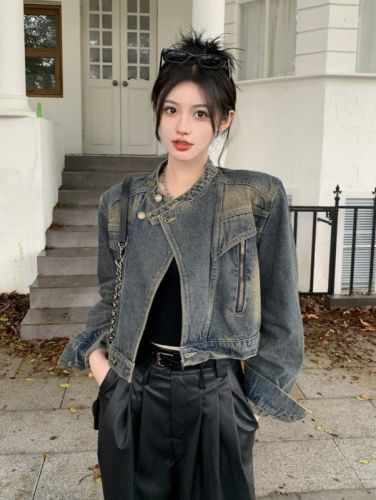 New motorcycle handsome casual versatile loose denim jacket + casual versatile leather trousers for women