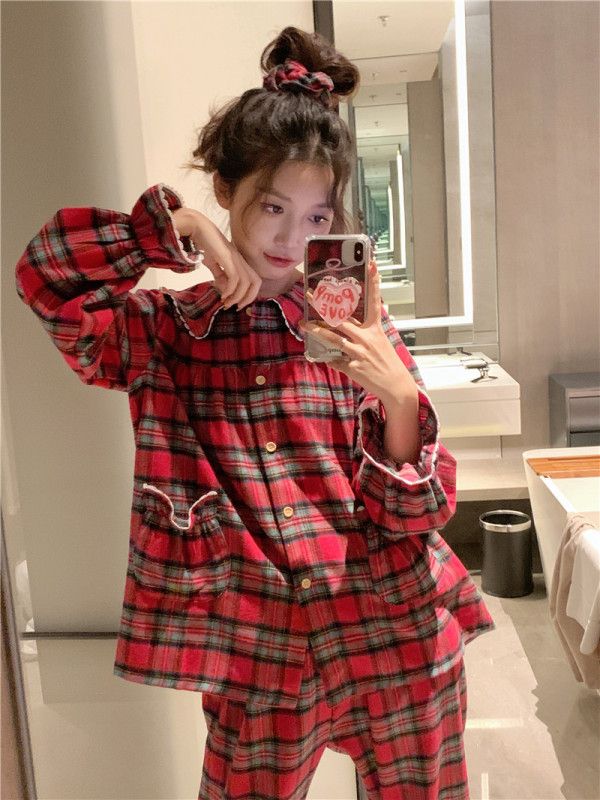 Red plaid brushed cute lucky bag small design home wear pajamas set