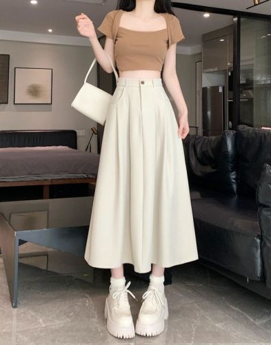 Plus size fat girl high waist slim pleated suit long skirt versatile large swing skirt half A-line skirt