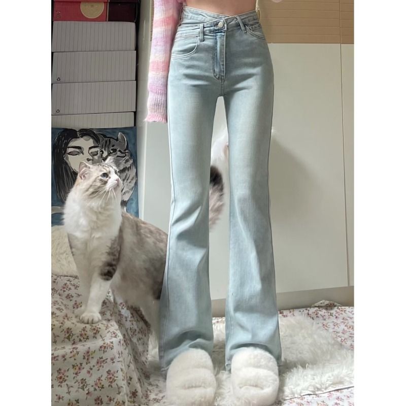 Light-colored irregular micro-flared jeans for women in spring and autumn new high-waist slim stretch horseshoe pants trendy