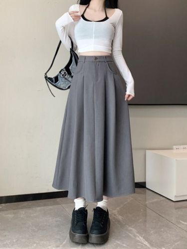 Plus size fat girl high waist slim pleated suit long skirt versatile large swing skirt half A-line skirt