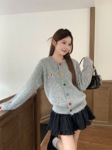 Playful girl Korean chic early autumn simple dachshund multi-color sweater cardigan