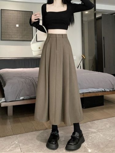 Plus size fat girl high waist slim pleated suit long skirt versatile large swing skirt half A-line skirt