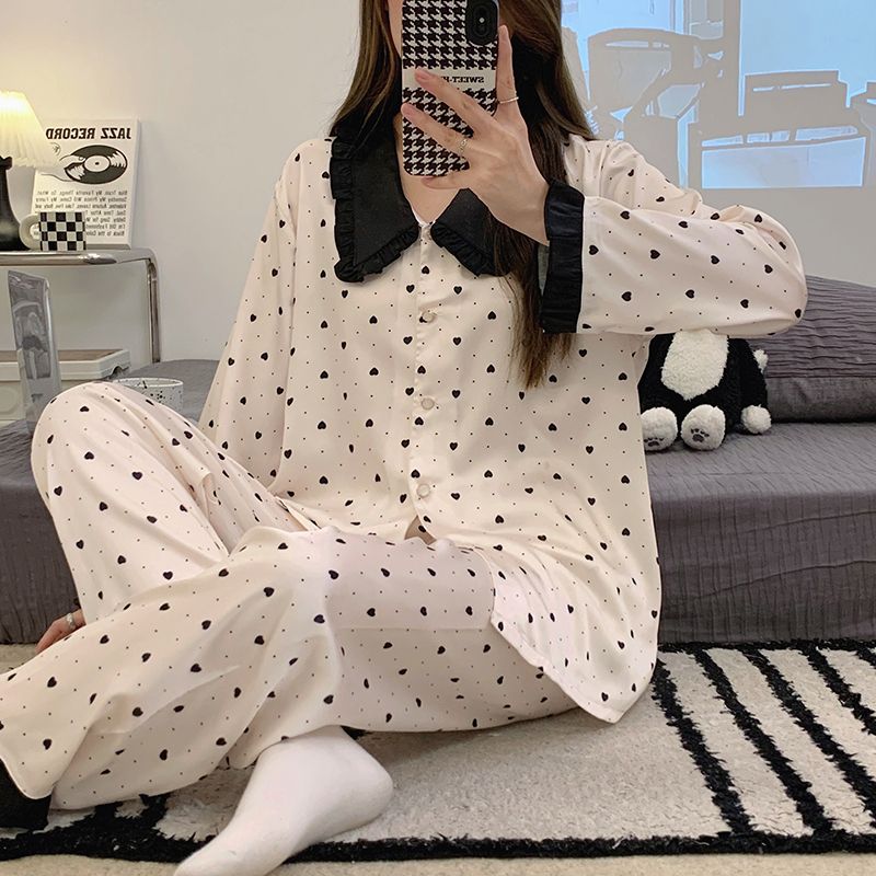 Spring new ice and snow silk pajamas for women long-sleeved thin cardigan lapel silk home wear set