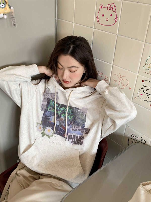 Official photo American retro style printed hooded sweatshirt for women new loose slimming pullover top for small people