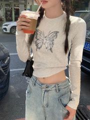 Song Xiaoen's right-shoulder long-sleeved T-shirt women's short autumn pure cotton slim-fitting top with printed butterfly inner layering shirt for women