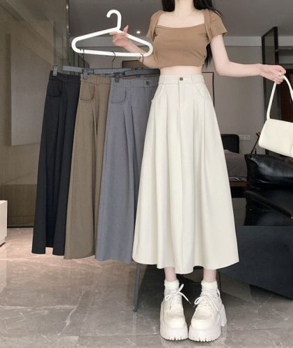 Plus size fat girl high waist slim pleated suit long skirt versatile large swing skirt half A-line skirt