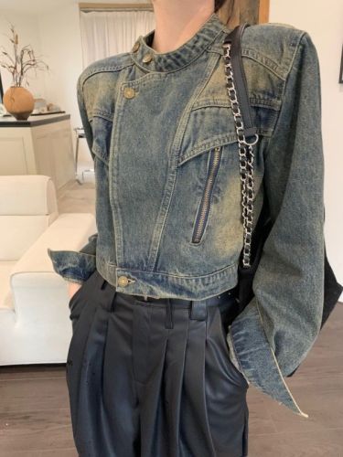 New motorcycle handsome casual versatile loose denim jacket + casual versatile leather trousers for women