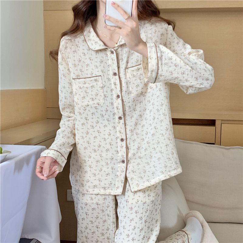 New autumn and winter soft brown floral pajamas and home wear set
