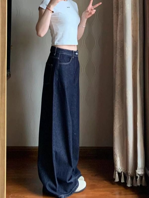 European and American retro hottie wide-leg jeans for women with summer design niche high street dark casual floor mopping pants