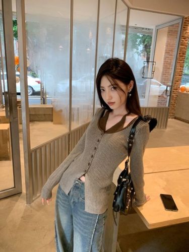 Maillard Fake Two-Piece Knitted Fashion Versatile Commuting Slim Long Sleeve Autumn Knitted Sweater