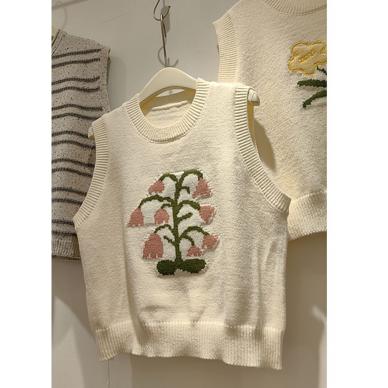 實拍韓系復古別致瞌睡花朵提花圓領馬甲女秋冬新小個子軟背心潮