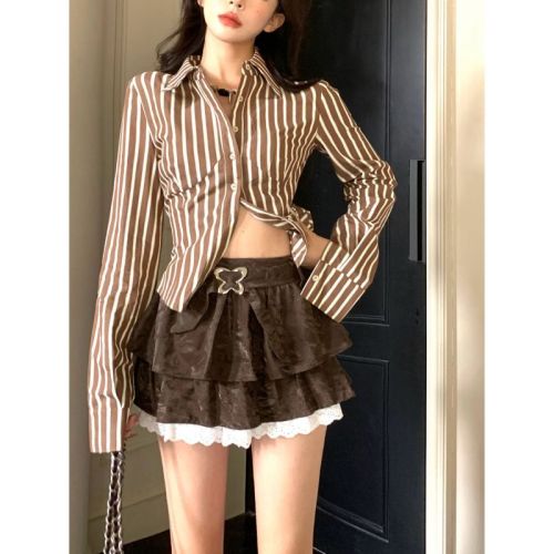 Real shot!  !  Brown puffy skirt, high-waisted cool cake skirt, A-line skirt, short skirt for small people