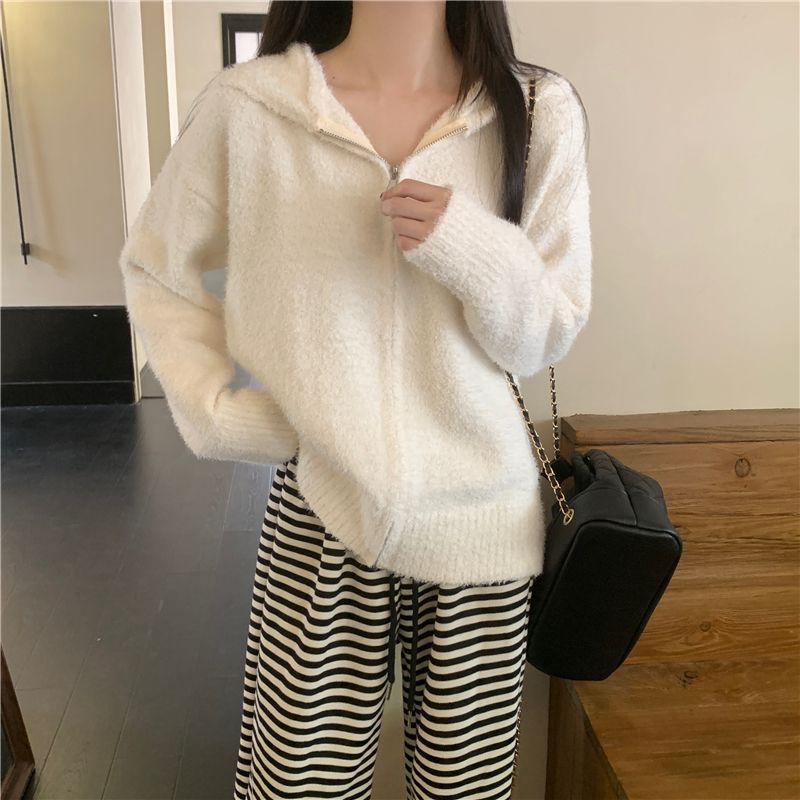 Real shot true soft and fluffy hooded sweater coat long-sleeved knit cardigan zipper top for women 