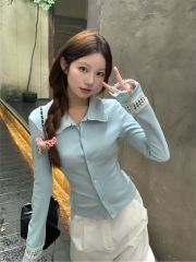 Real shot of blue lapel long-sleeved knitted versatile slimming patchwork design top