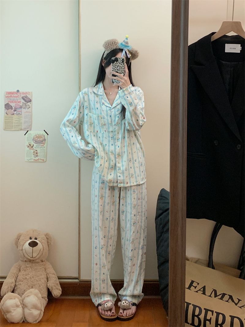 Actual shot Autumn new Japanese striped teddy bear pajamas sweet and cute cartoon home long-sleeved two-piece set