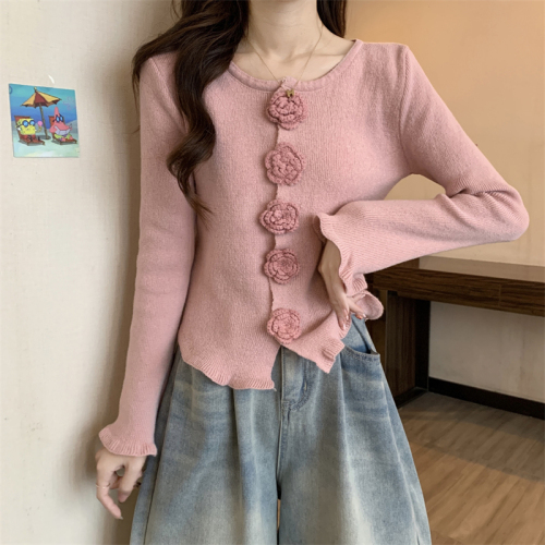 Actual shot of the new Korean style three-dimensional flower pure desire irregular hem curled long-sleeved sweater top