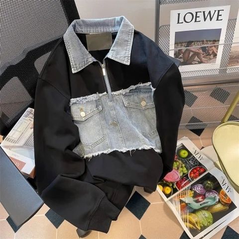 Chic Hong Kong-style denim patchwork jacket with a regular shoulder design, women's autumn American half-zip polo shirt with a stand-up collar