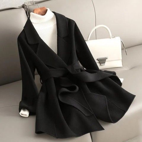 Double-sided cashmere coat short 2024 new high-end elegant tie waist slim small size red woolen coat for women 