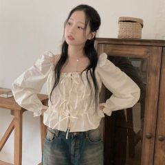 Fresh  Anti-aging  Lace-up  Bell-sleeve  Square-neck top 