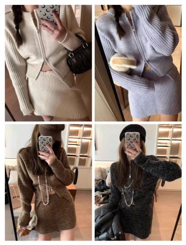 Korean style new double zipper slim sweater cardigan cuffed skirt suit for women in autumn and winter hot girl slimming two-piece set