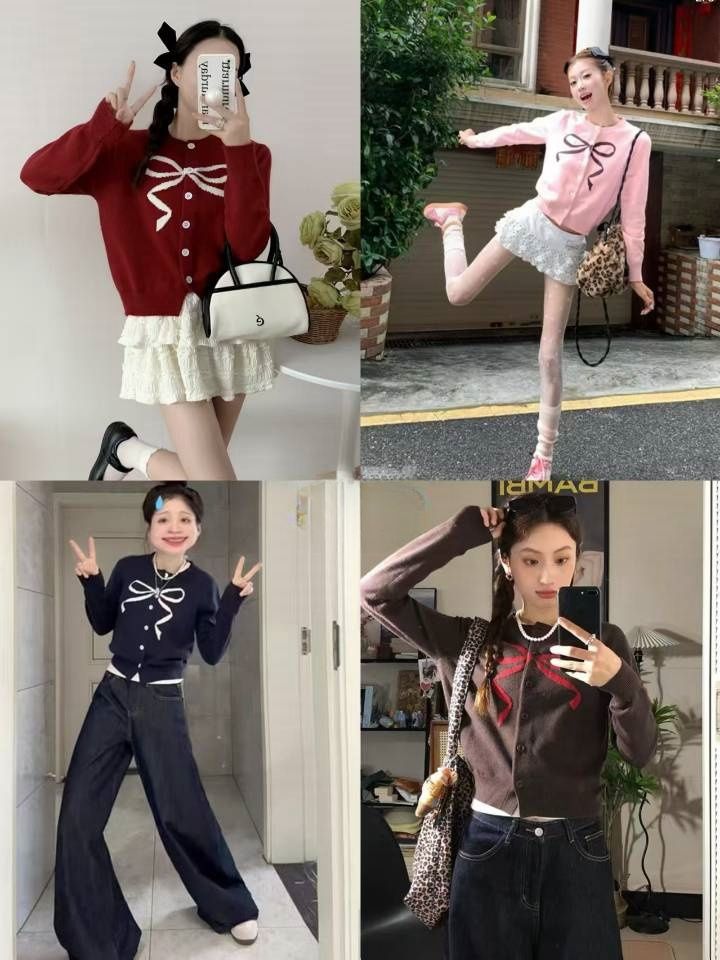 韓系小個子短款蝴蝶結提花針織開衫女早秋新款學院風百搭毛衣外套