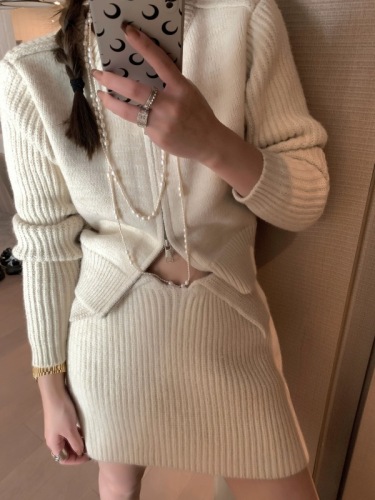 Korean style new double zipper slim sweater cardigan cuffed skirt suit for women in autumn and winter hot girl slimming two-piece set