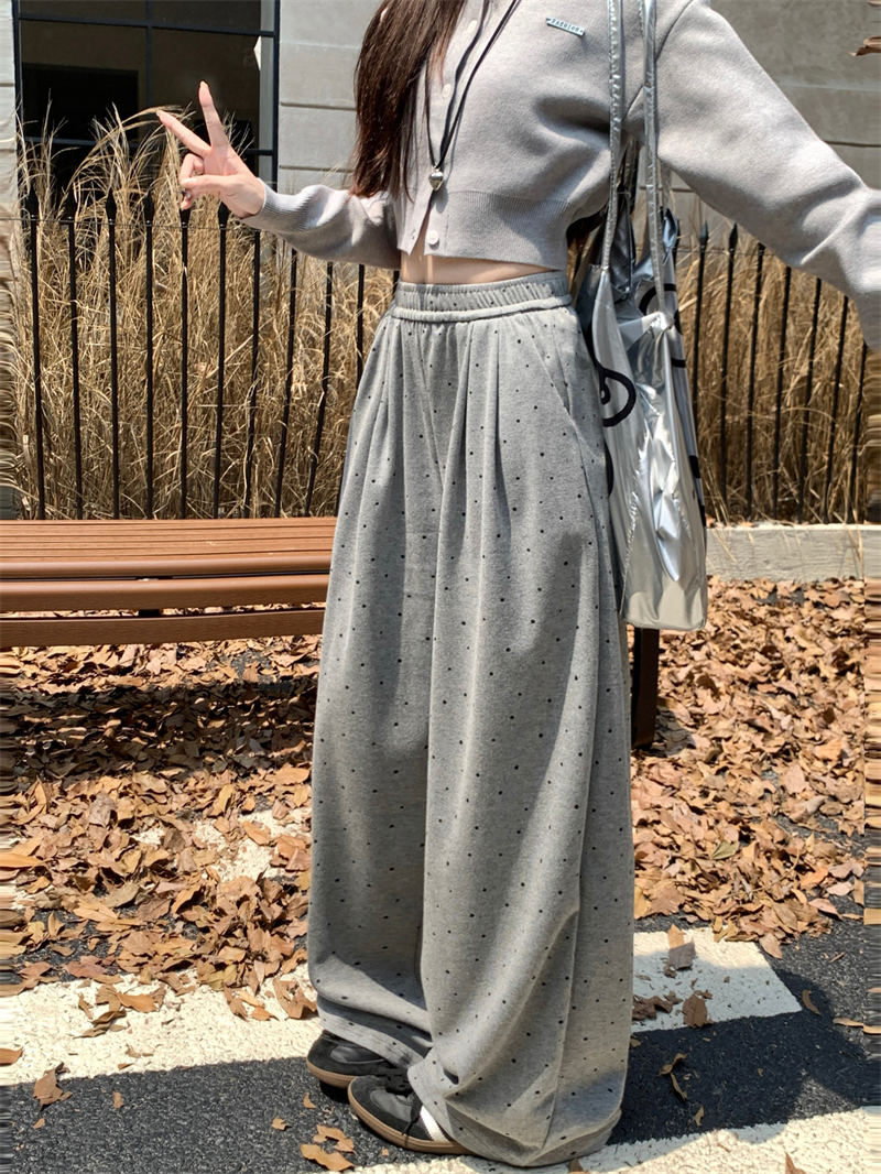 Actual shot of autumn and winter loose high-waisted casual slimming and versatile soft and waxy dot drape straight wide-leg floor-sweeping pants