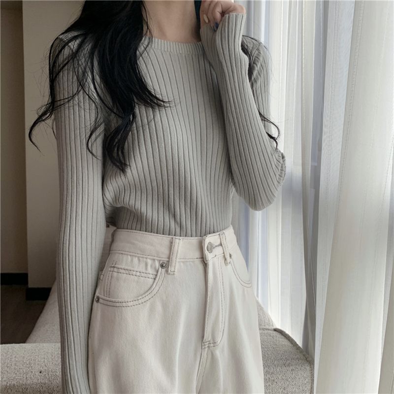 Real shot true autumn and winter new style pit strip slimming knitwear plain long-sleeved undershirt 
