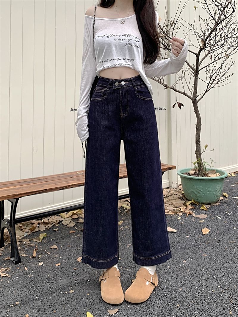 實拍深藍色直筒牛仔褲女秋季2024新款寬鬆闊腿小個子顯瘦
