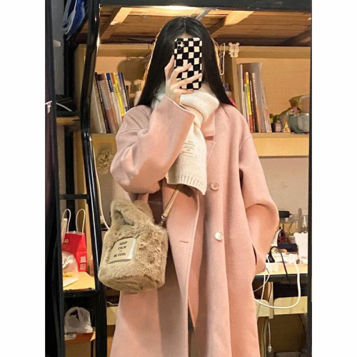 Pink woolen coat for women 2024 autumn and winter new woolen coat Hepburn style small man Korean style