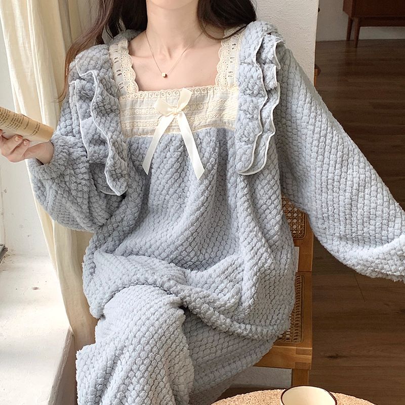Women's Autumn/Winter Long Sleeve Sleepwear Set - Cute Korean Style, New Arrival, Fleece-Lined, Thick, Sweet, Loose, Coral Fleece
