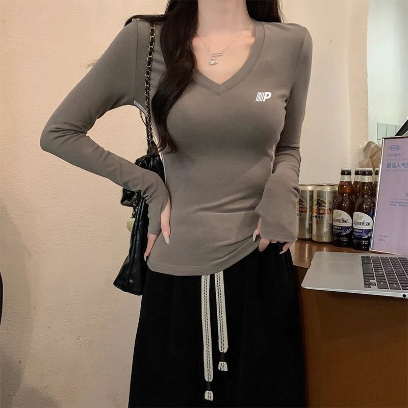 實拍 秋季新款百搭打底衫V領辣妹字母印花長袖三條杆T恤女