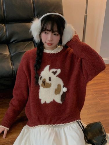 Christmas red sweater for small women in autumn and winter, lazy retro, gentle, zodiac year, rabbit New Year clothes