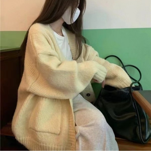 Korean lazy style ins soft waxy cardigan sweater jacket for women autumn and winter new loose outer sweater top