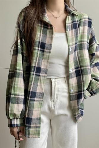 Vintage Green Plaid Shirt Autumn New Design Sensory Niche Loose Shirt Outerwear