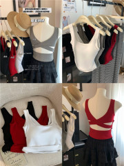 Real shot ~ Backless cross design brushed thermal vest autumn and winter sleeveless top with chest pad