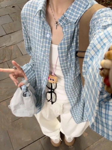 Non-shoot Grid Blue Sunscreen Long-Sleeve Shirt Women's New Early Autumn Blouse French Style Top Coat