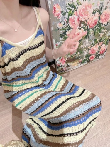 French sweet striped knitted suspender dress for women 2024 summer new style waist slimming long skirt