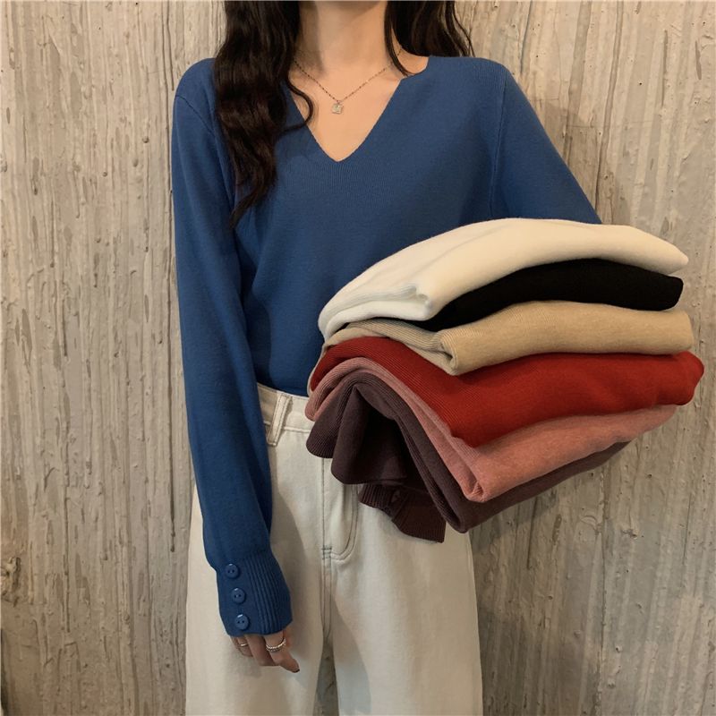 Photographed in Real Autumn New Style Hooded Versatile V-Neck Long-Sleeve Knit Top