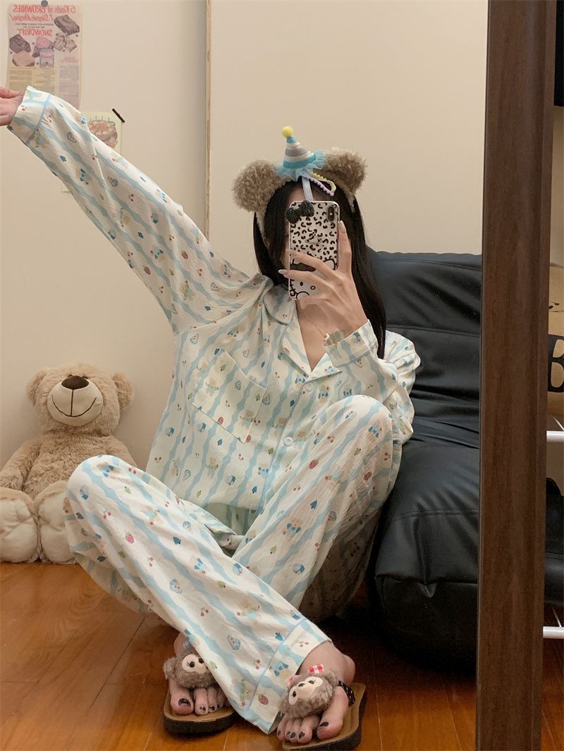 Photographed Autumn New Japanese Striped Bear Pajamas Sweet and Cute Cartoon Home Long Sleeve Two-Piece Set