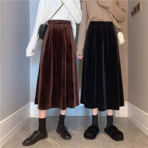 Gold velvet skirt for small women, umbrella skirt, autumn and winter 2024 new high-end mid-length skirt, high-waisted black a-line skirt