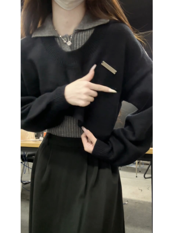 Black Polo Neck Knit Sweater for Women, Spring and Autumn Season College Style Top, Set of 2, Short Sleeve T-shirt for Autumn