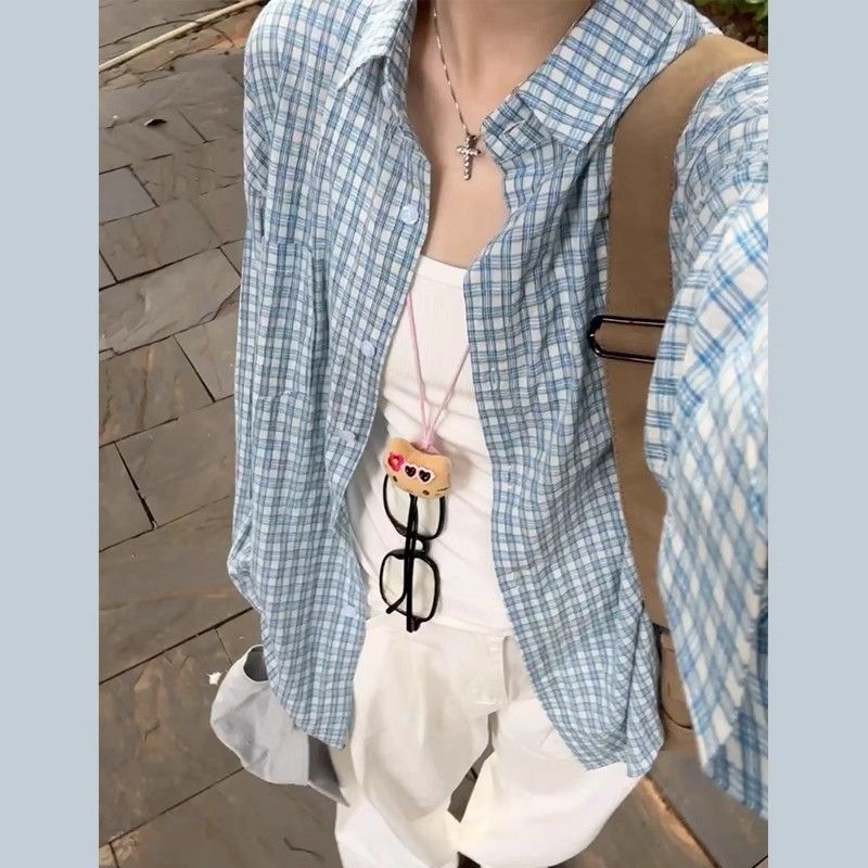 Non-shoot Grid Blue Sunscreen Long-Sleeve Shirt Women's New Early Autumn Blouse French Style Top Coat