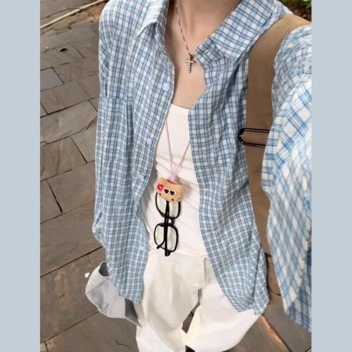 Non-shoot Grid Blue Sunscreen Long-Sleeve Shirt Women's New Early Autumn Blouse French Style Top Coat