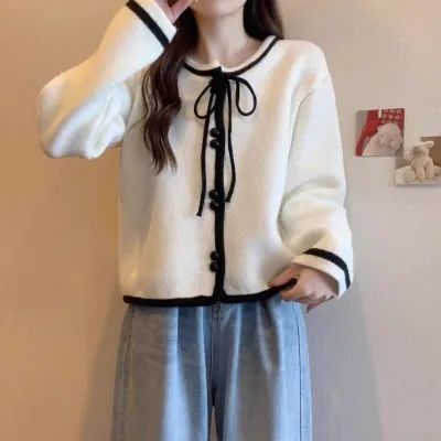 Korean style new style collar tie bow raccoon velvet sweater for women autumn and winter small fragrance style knitted cardigan soft waxy top